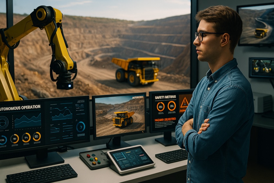A mining engineer operates an automated haul truck using a digital control panel.