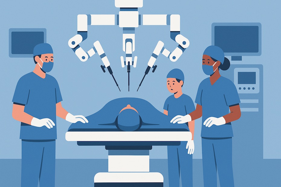 Illustration of surgeons operating with an advanced hospital surgical robot in a sterile operating room environment.