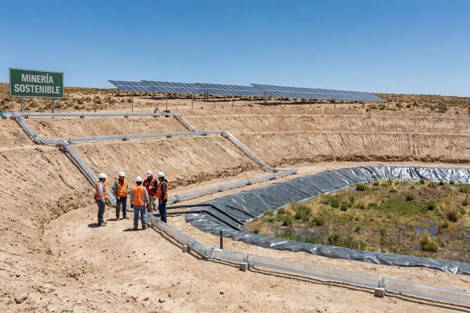 Mining engineers and site workers overlooking a large South American mine with tailings storage, water pipelines, and renewable energy infrastructure
