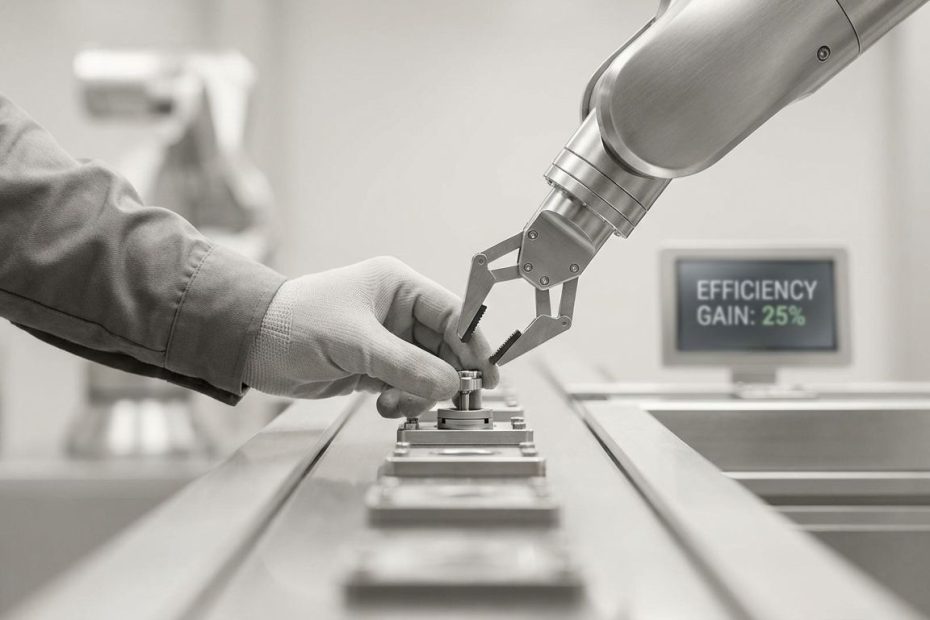 Factory worker and industrial robot operating together on a manufacturing line, showing that automation alone does not guarantee efficiency