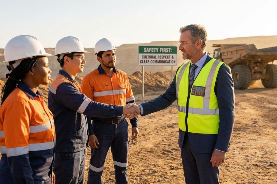 Mining CEO speaking with a diverse crew during a pre-start safety briefing at a remote mine site.