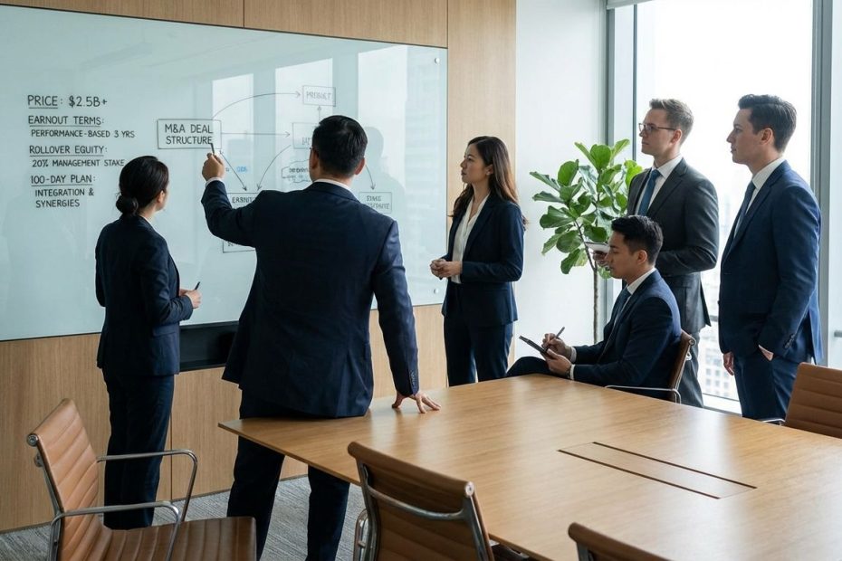 Deal team reviewing M&A deal structuring terms and a 100-day integration plan on a conference room whiteboard