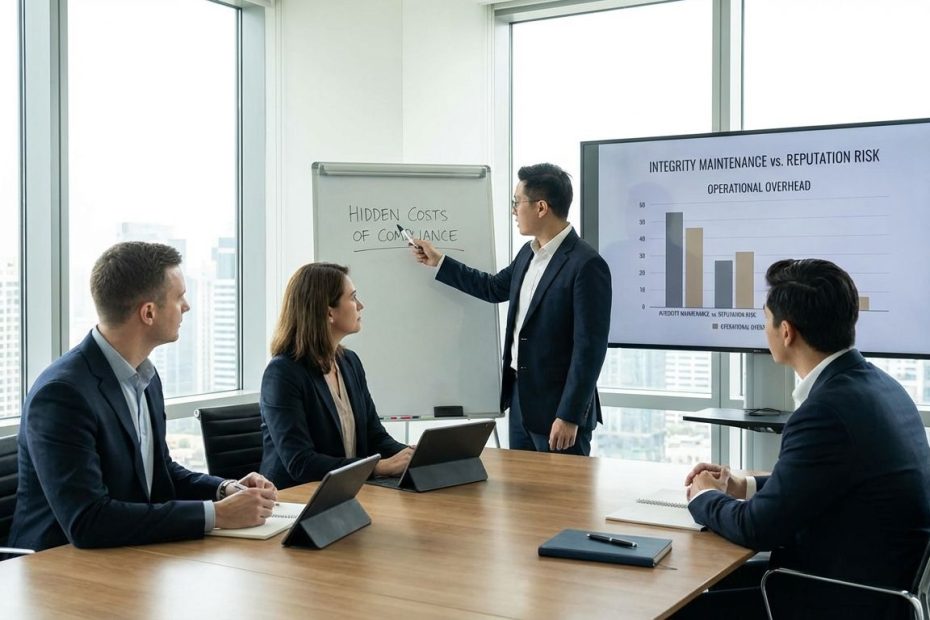 Business executive reviewing trust, legal, and financial risks with a team in a modern office