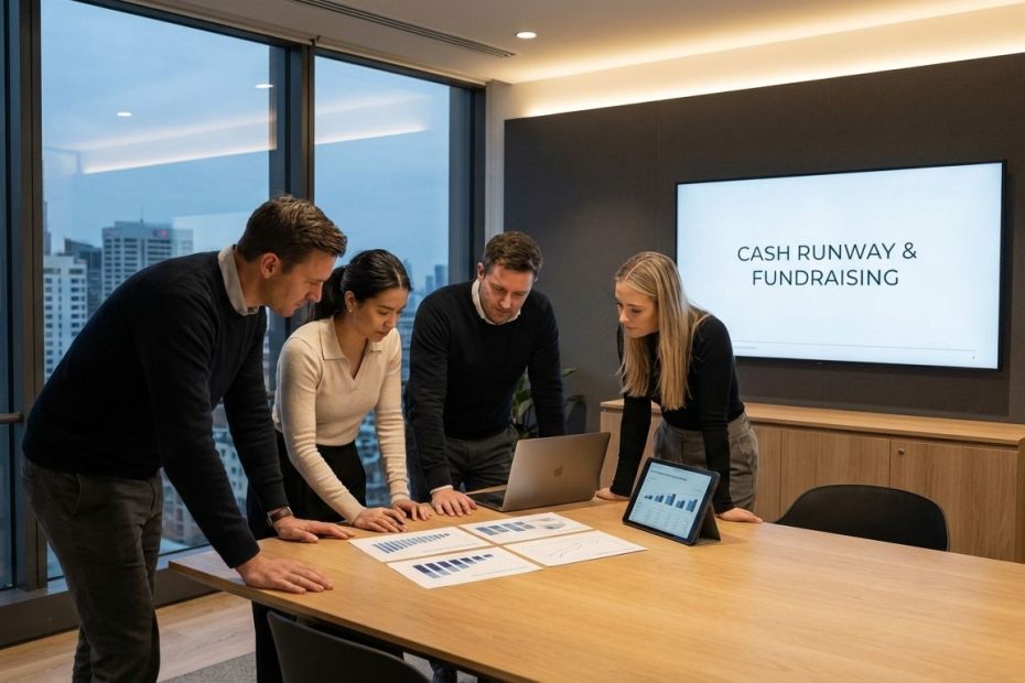 Founder reviewing startup runway and funding plans with a small team in an office during the valley of death between funding rounds