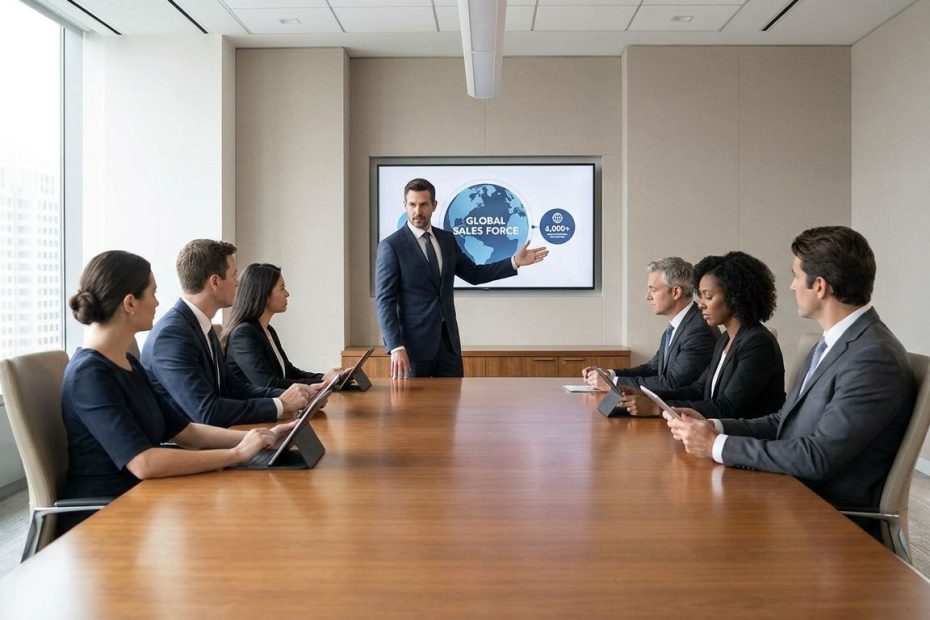 Sales leader reviewing performance dashboards with a large sales management team in a corporate office