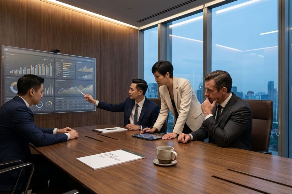 Turnaround team reviewing cash flow charts and restructuring plans for a failing asset