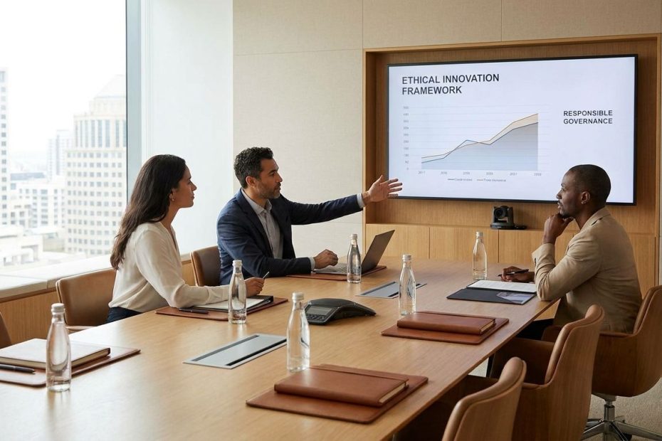 Business leaders in a boardroom reviewing innovation strategy, ethics policies, and corporate governance metrics during a growth meeting