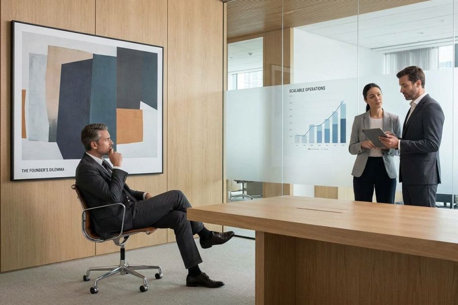 Founder and operator discussing startup growth strategy in a modern office