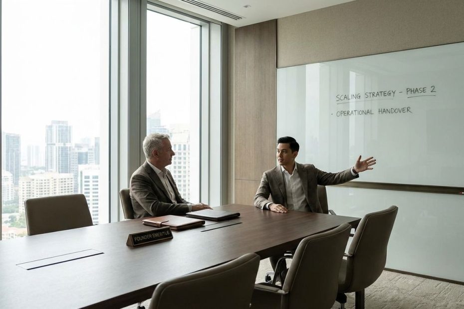Founder and incoming professional CEO discussing leadership transition in a modern office