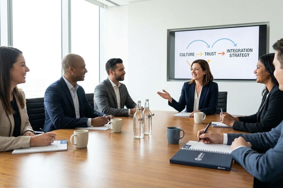 Business leaders and employees in a post-merger integration meeting discussing culture, strategy, and team alignment