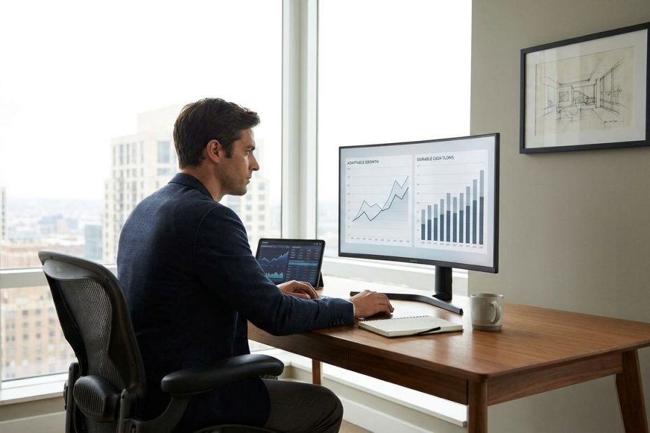 Investor reviewing financial charts to assess resilient and adaptable growth companies