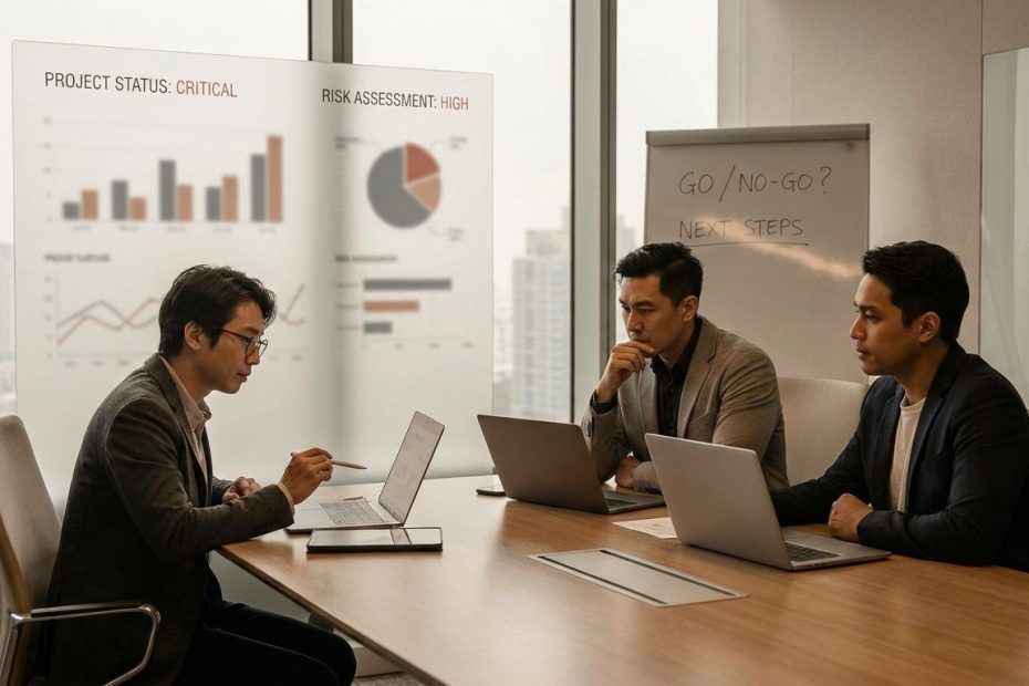 Tech team reviewing project metrics before deciding whether to cancel a failing software project