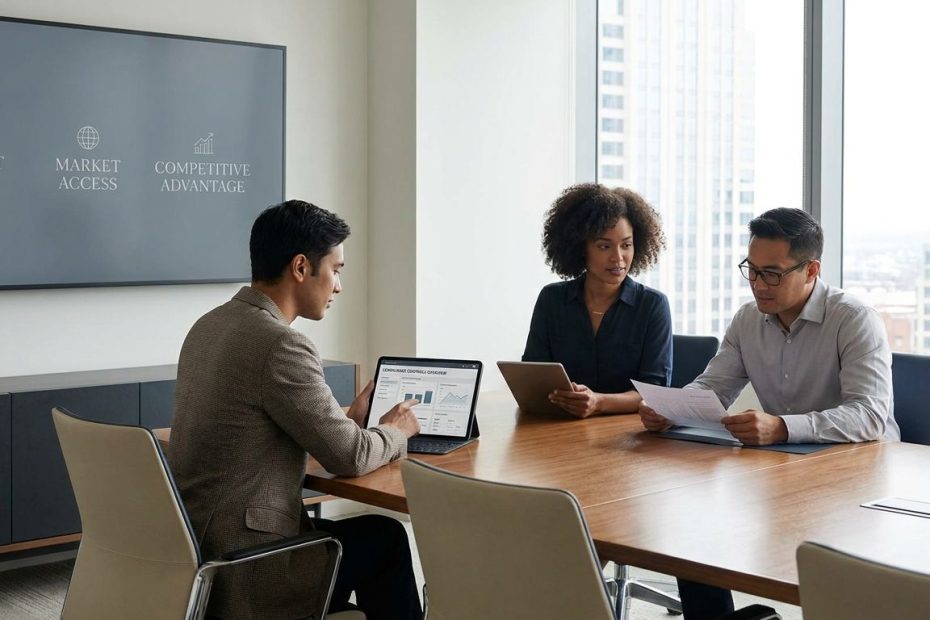 Business leaders reviewing compliance documents to build a regulatory moat