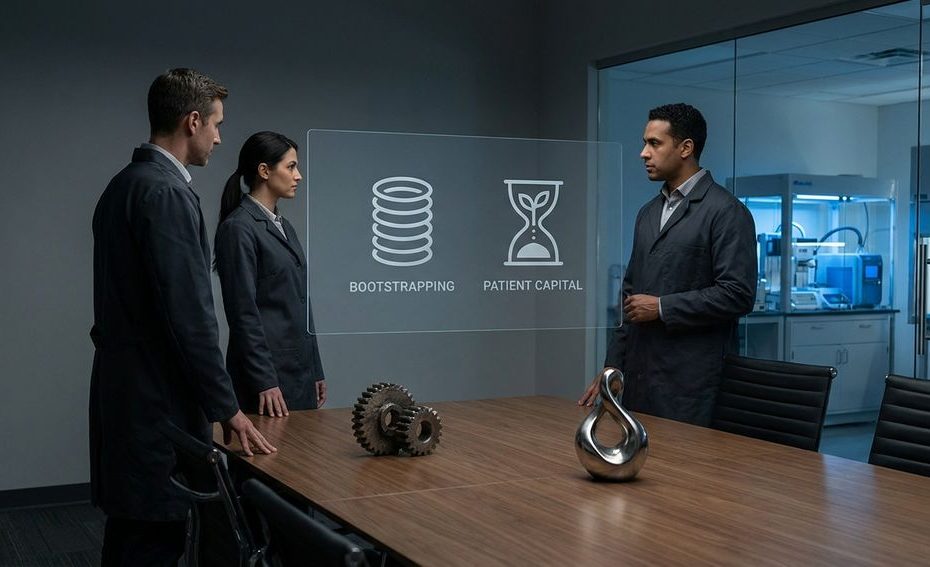 Deep tech founders reviewing capital plans beside a lab prototype