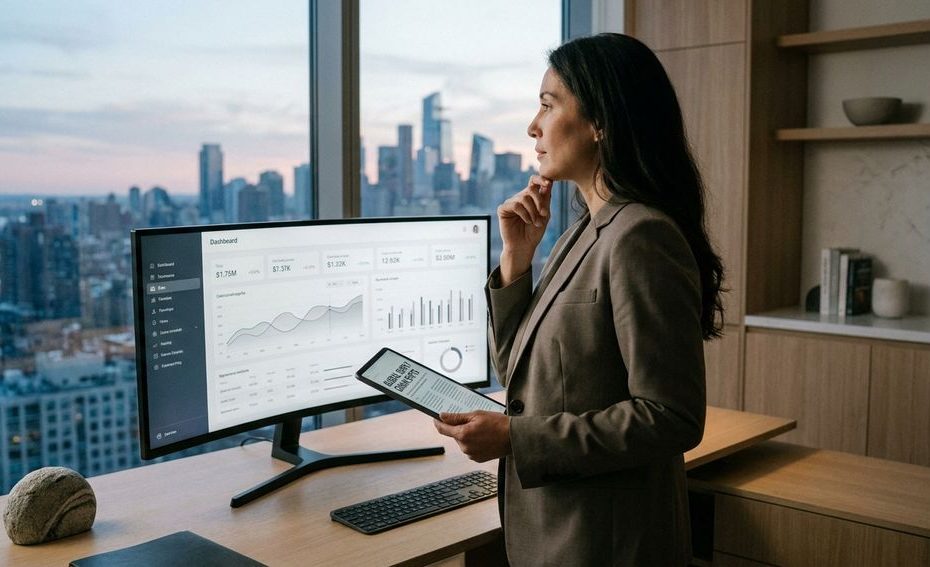 Business leader reviewing a KPI dashboard while market shift warning signals appear on screen