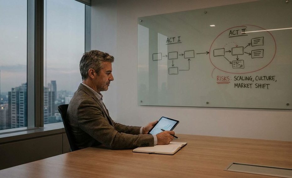 Serial entrepreneur reviewing a new startup plan with warning notes on a glass board