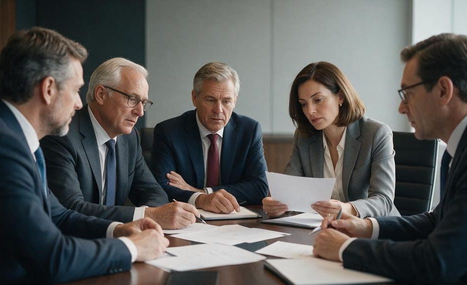 Business leaders reviewing a focused market strategy on a conference room board